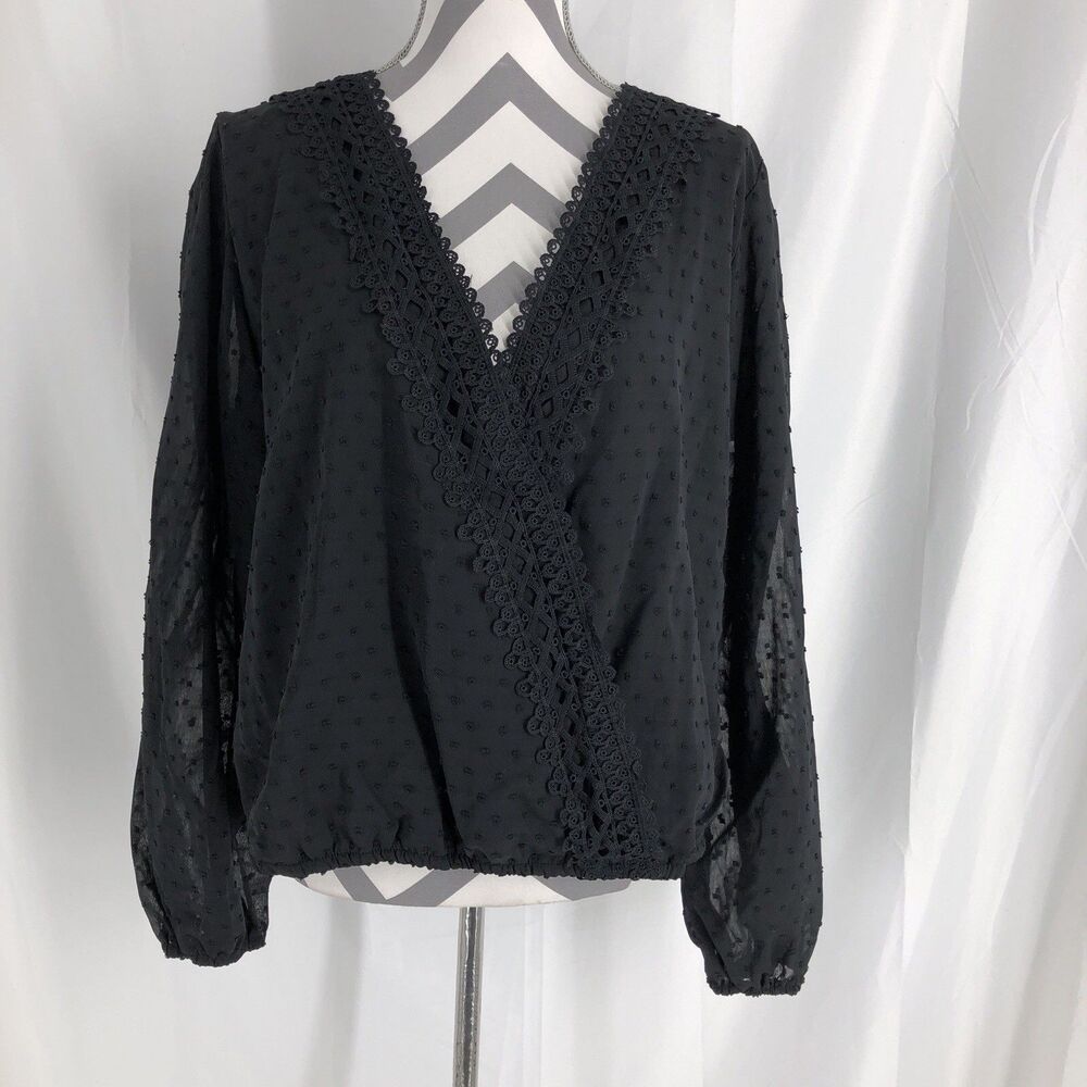 Miss Sparkling V-Neck Blouse Dot Fabric Wrap Blouse Womens Black XL